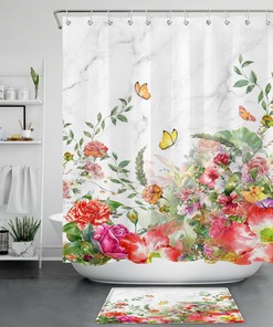 Garden Flower Butterfly Wild Botanical Marble Shower Curtain for Bathroom