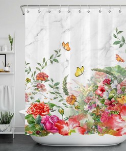 Garden Flower Butterfly Wild Botanical Marble Shower Curtain for Bathroom