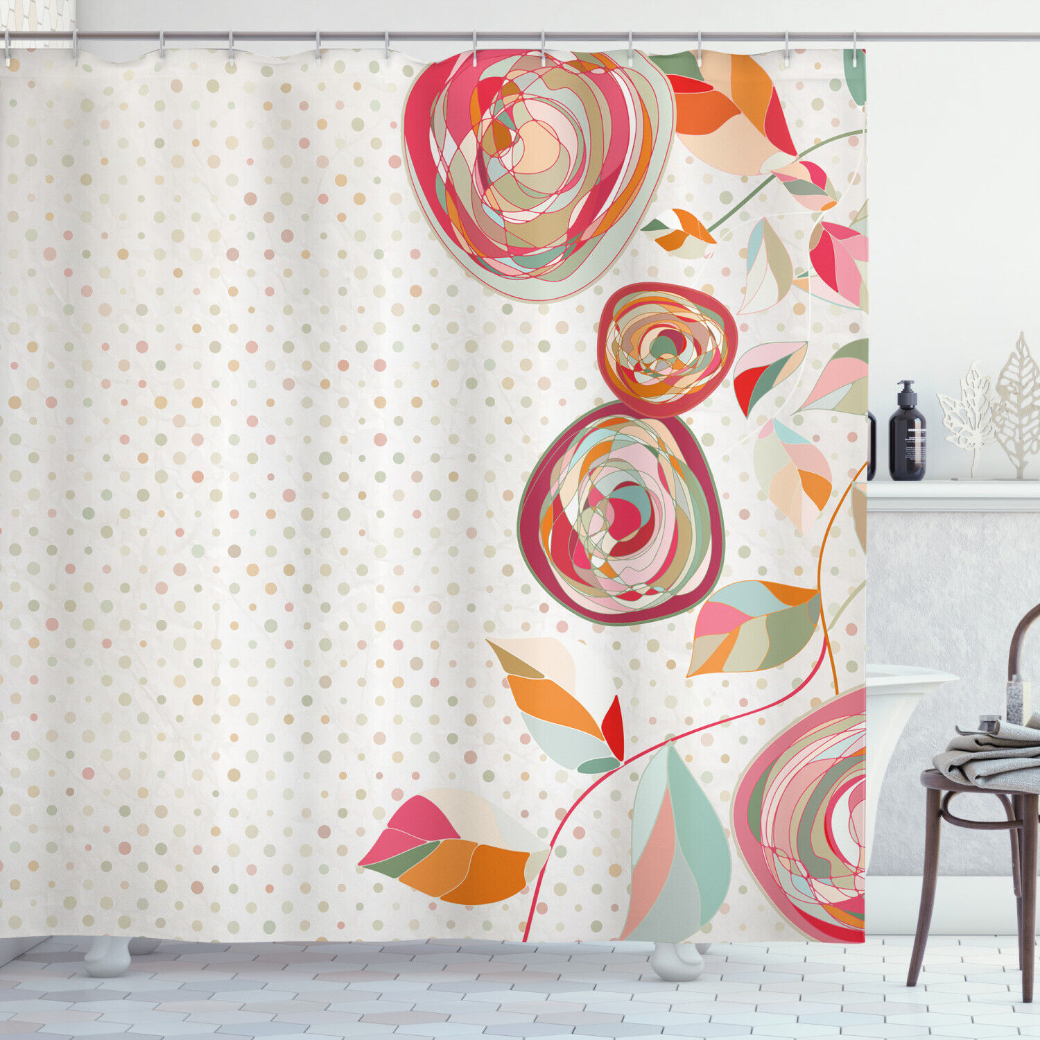 Garden Flower Petals And Buds Dot Print Shower Curtain For Bathroom