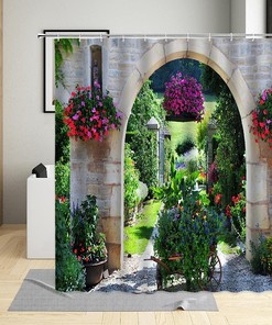 Garden Flower Shower Curtain, Green Plants and Scenery Design for Bathroom Decor