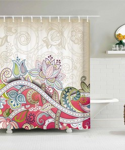 Garden Flowers Fabric Shower Curtain With Lotus Graphic Print, Ideal Home Bath Decor Accessory