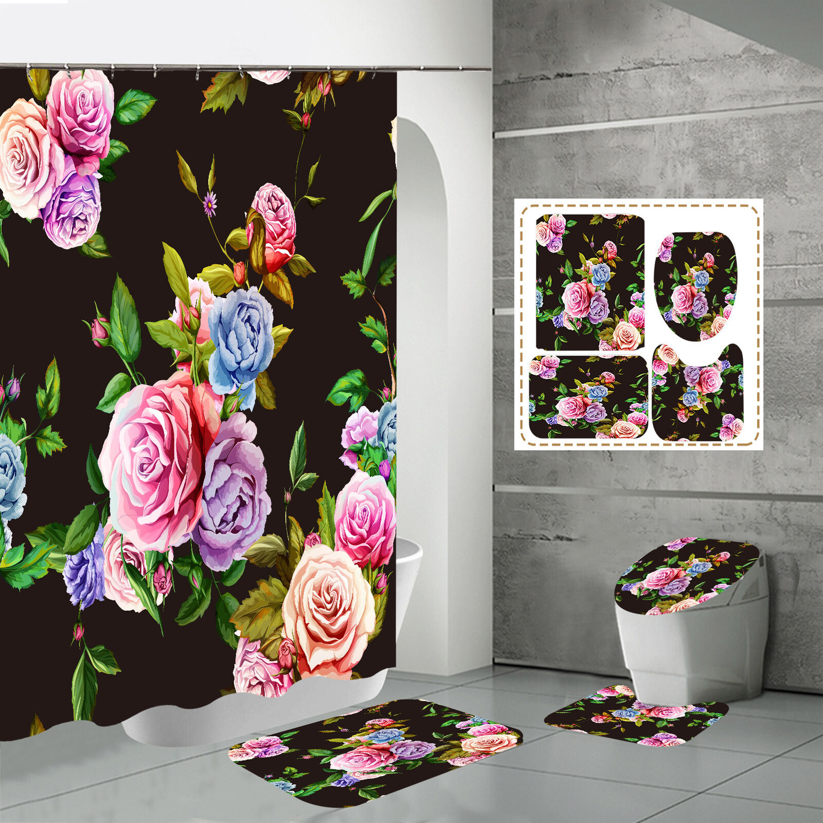 Garden Flowers Waterproof Fabric Shower Curtain With Beautiful Colorful Print