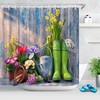 Garden Tool Wood Plank Wall Shower Curtain with Spring Flowers 