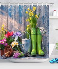 Garden Tool Wood Plank Wall Shower Curtain with Spring Flowers 