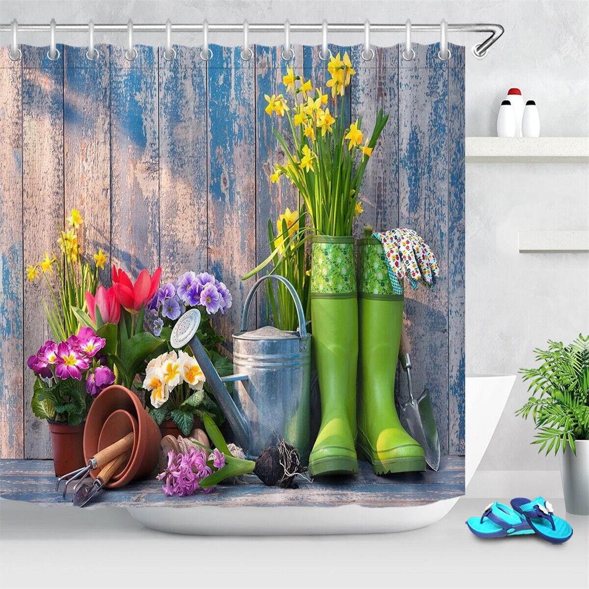Garden Tool Wood Plank Wall Shower Curtain with Spring Flowers