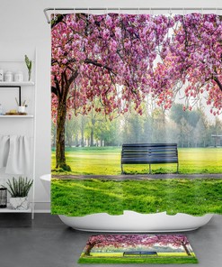 Garden Wood Chair Flower Trees Green Grass Waterproof Fabric Shower Curtain for a Nature-Inspired Atmosphere