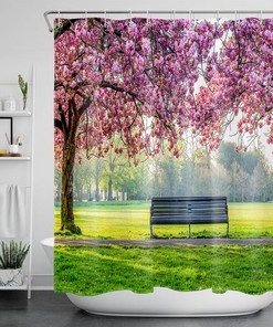 Garden Wood Chair Flower Trees Green Grass Waterproof Fabric Shower Curtain for a Nature-Inspired Atmosphere