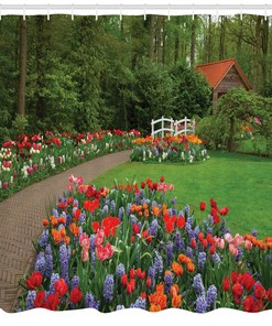 Garden and Forest Hut Bridge Plants Shower Curtain for Spring Bathroom
