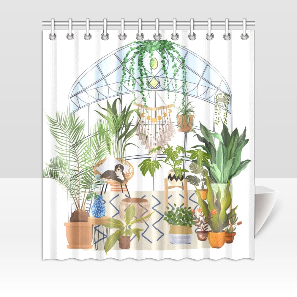 Gardener'S Gift Botanical Shower Curtain, Boho Greenhouse Conservatory Plants Design
