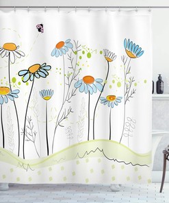 Gardening Theme Daisy Flowers In Spring Shower Curtain, Romantic Illustration Design Cloth Fabric Bathroom Decors
