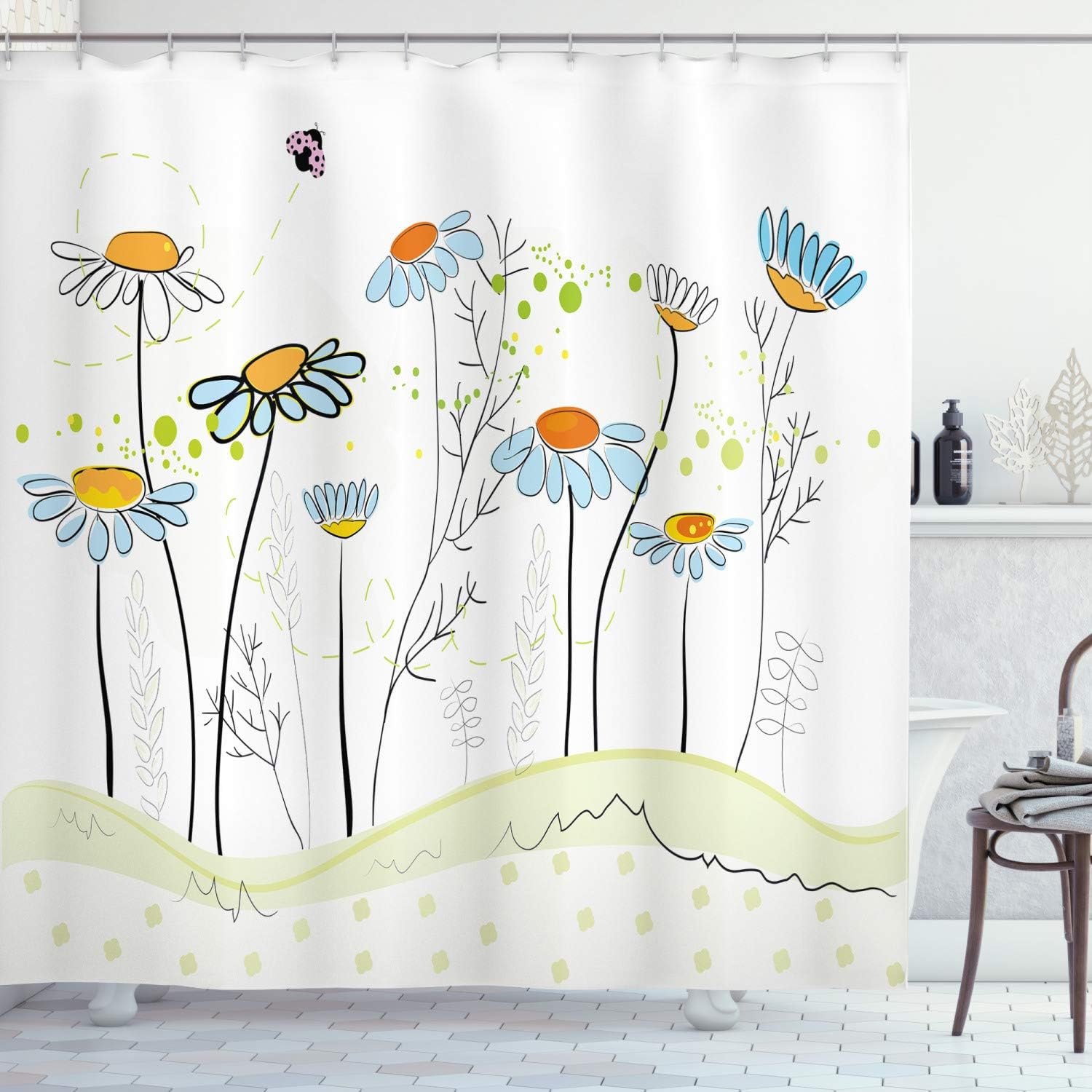 Gardening Theme Daisy Flowers In Spring Shower Curtain, Romantic Illustration Design Cloth Fabric Bathroom Decors