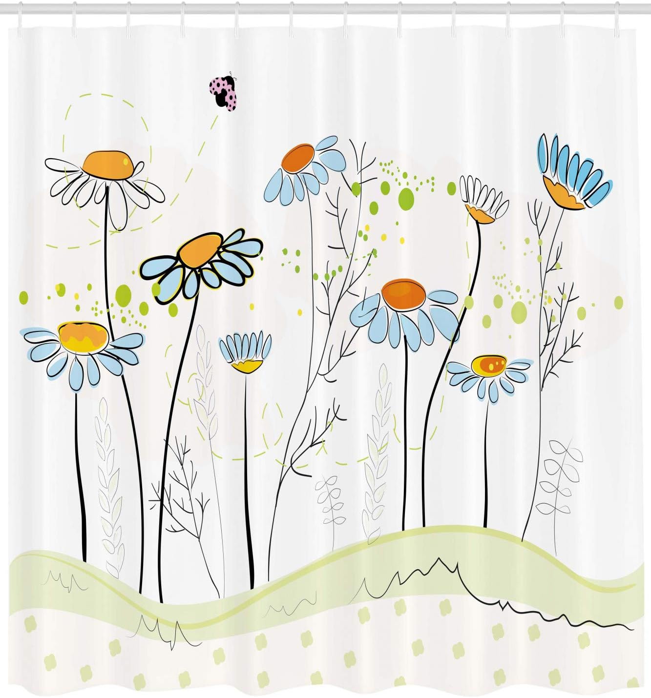 Gardening Theme Daisy Flowers In Spring Shower Curtain, Romantic Illustration Design Cloth Fabric Bathroom Decors - Image 2
