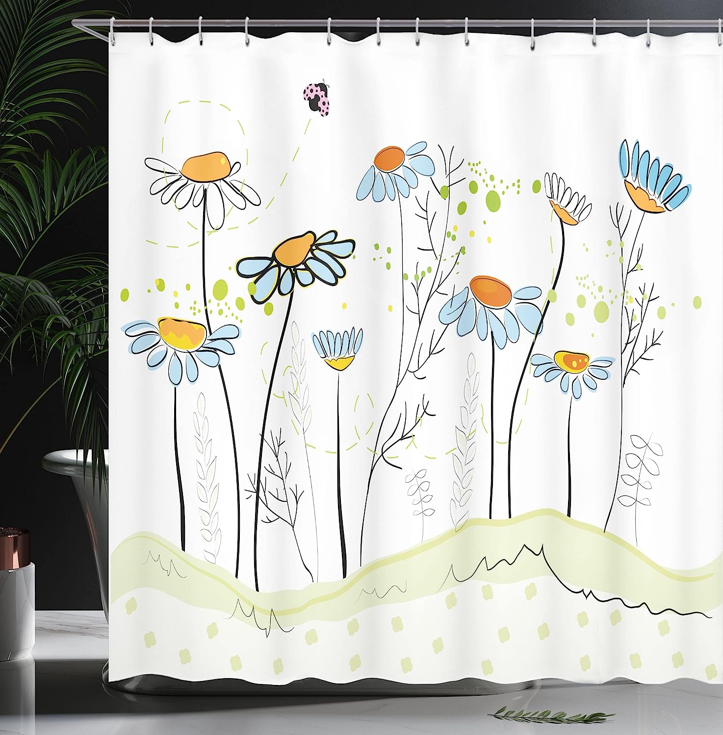 Gardening Theme Daisy Flowers In Spring Shower Curtain, Romantic Illustration Design Cloth Fabric Bathroom Decors - Image 3