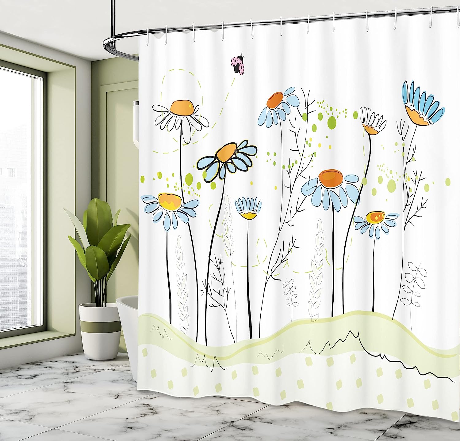 Gardening Theme Daisy Flowers In Spring Shower Curtain, Romantic Illustration Design Cloth Fabric Bathroom Decors - Image 4