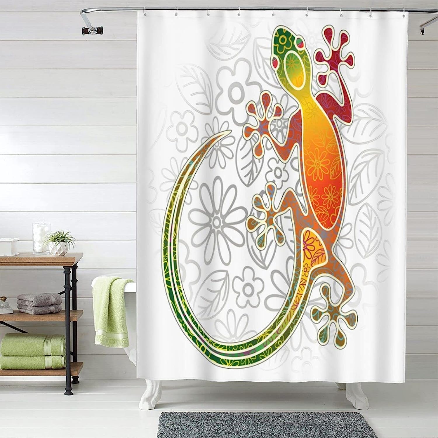 Gecko Lizard Sunflower Reptiles Animal Theme Footprints Simplistic Wildlife Waterproof Cloth Fabric Bathroom Decors