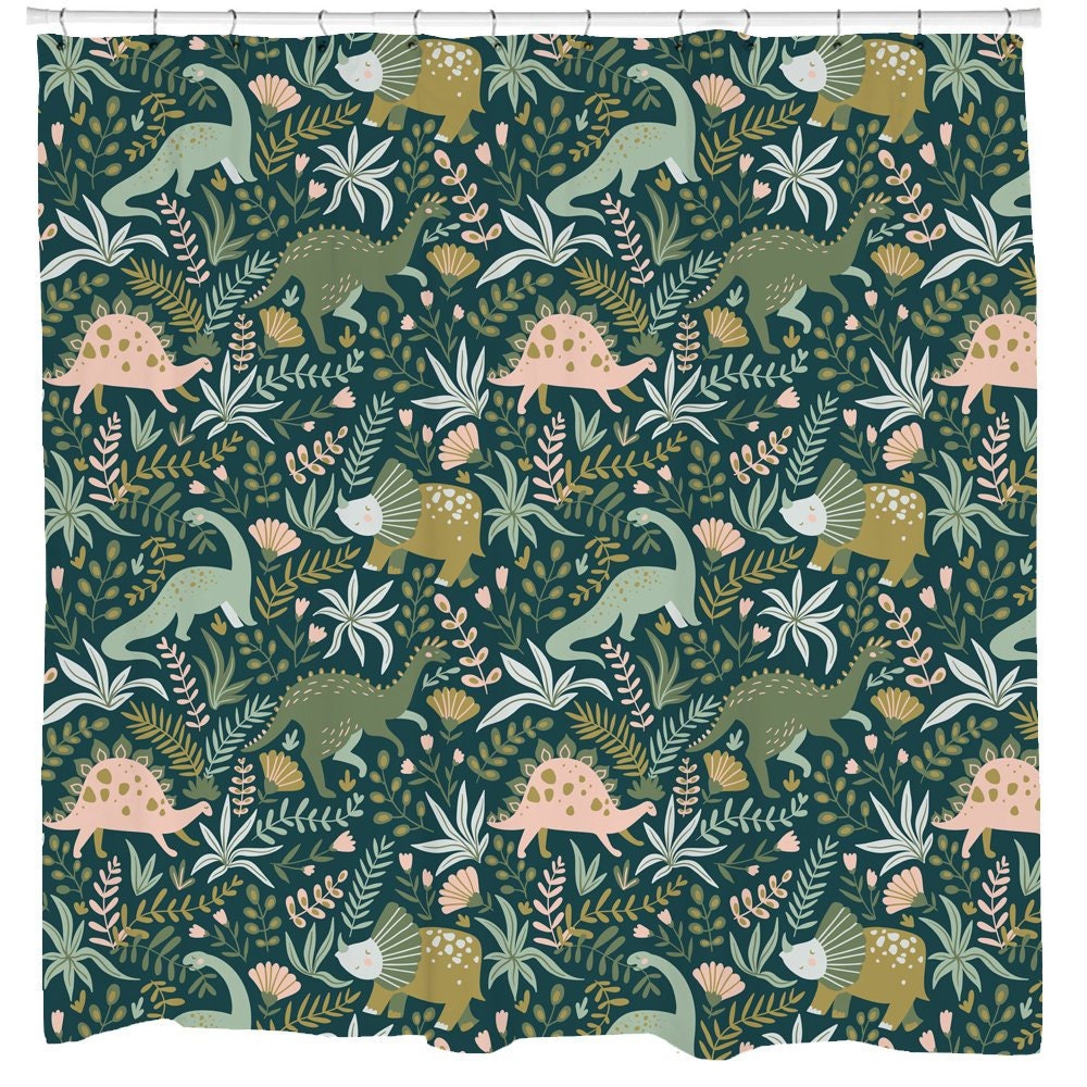 Geeky Chic Dino Pattern Shower Curtain For A Kid'S Bathroom