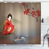 Geisha Feeding Beast Shower Curtain, Cloth Fabric Bathroom Decor in Sepia Multicolor with Koi Fish 