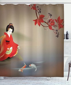 Geisha Feeding Beast Shower Curtain, Cloth Fabric Bathroom Decor in Sepia Multicolor with Koi Fish 