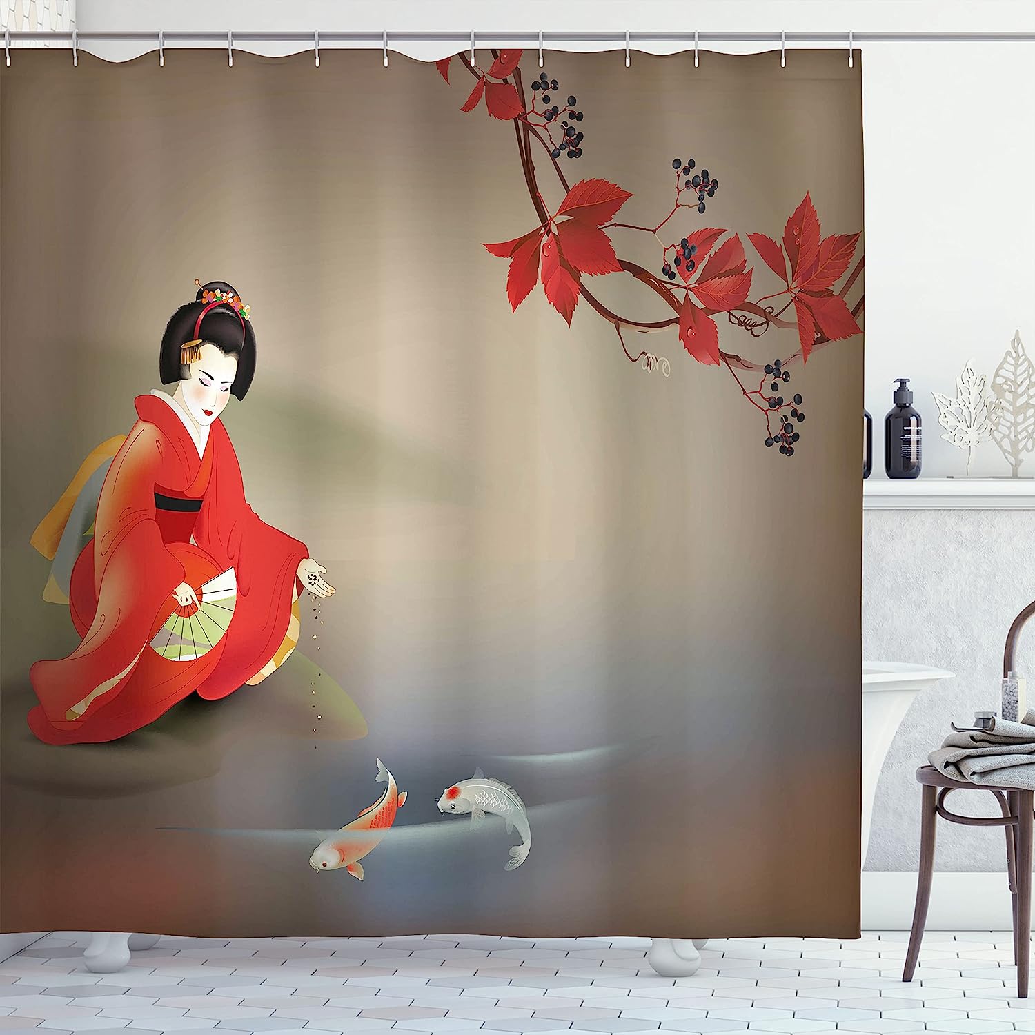 Geisha Feeding Beast Shower Curtain, Cloth Fabric Bathroom Decor in Sepia Multicolor with Koi Fish