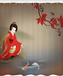Geisha Feeding Beast Shower Curtain, Cloth Fabric Bathroom Decor in Sepia Multicolor with Koi Fish