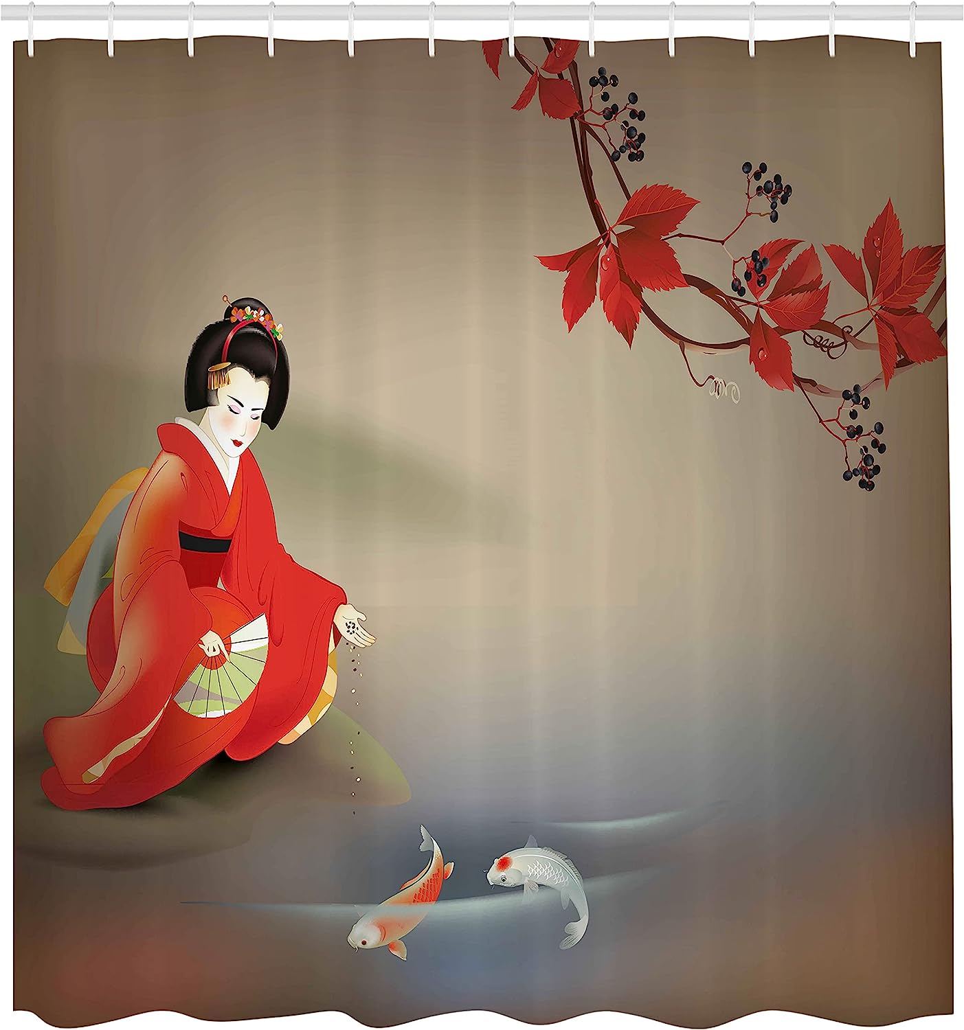 Geisha Feeding Beast Shower Curtain, Cloth Fabric Bathroom Decor in Sepia Multicolor with Koi Fish