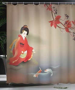 Geisha Feeding Beast Shower Curtain, Cloth Fabric Bathroom Decor in Sepia Multicolor with Koi Fish