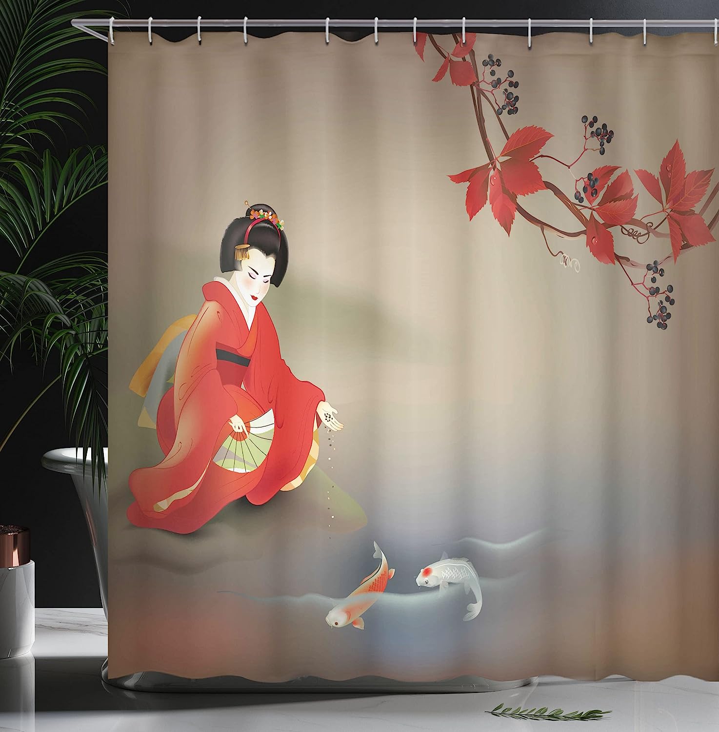 Geisha Feeding Beast Shower Curtain, Cloth Fabric Bathroom Decor in Sepia Multicolor with Koi Fish