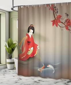 Geisha Feeding Beast Shower Curtain, Cloth Fabric Bathroom Decor in Sepia Multicolor with Koi Fish