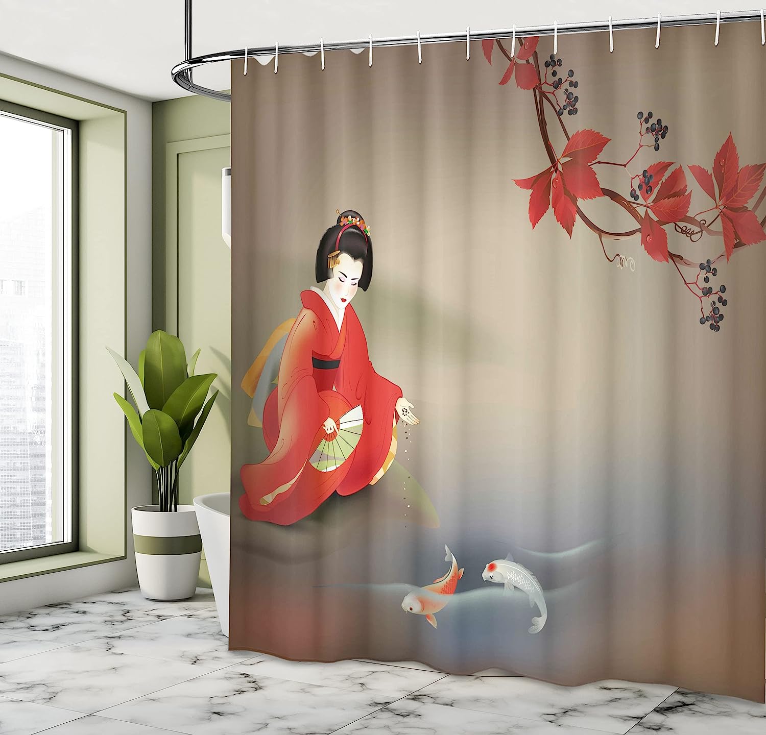 Geisha Feeding Beast Shower Curtain, Cloth Fabric Bathroom Decor in Sepia Multicolor with Koi Fish
