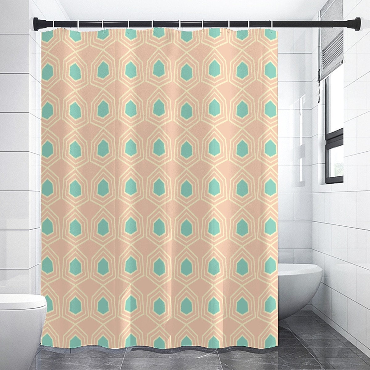 Geometric 60s Print Retro Shower Curtain for Bathroom Decor