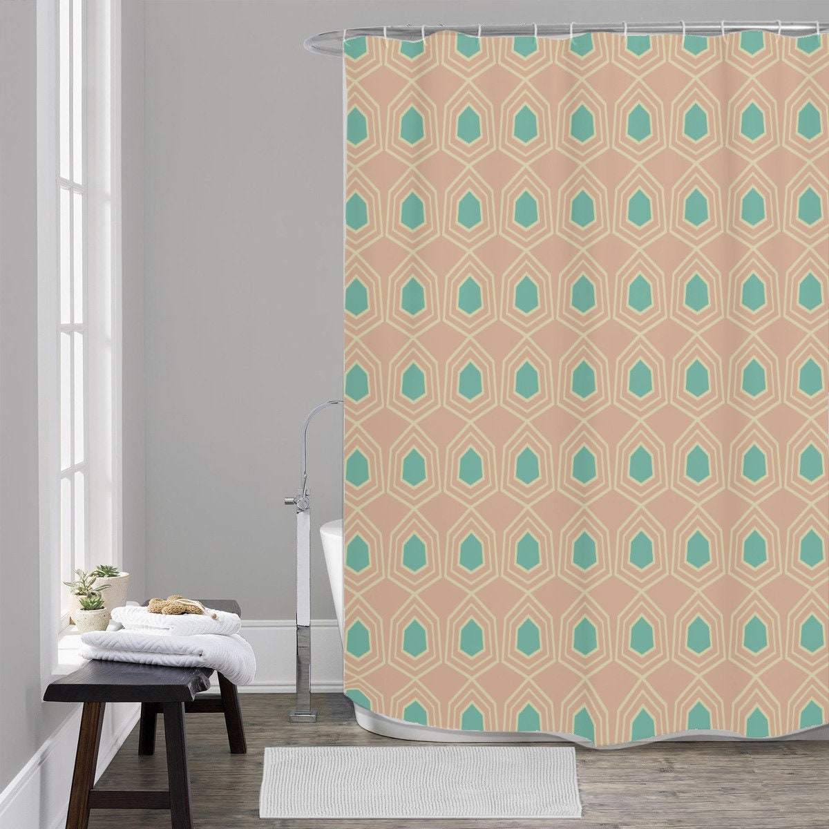 Geometric 60s Print Retro Shower Curtain for Bathroom Decor