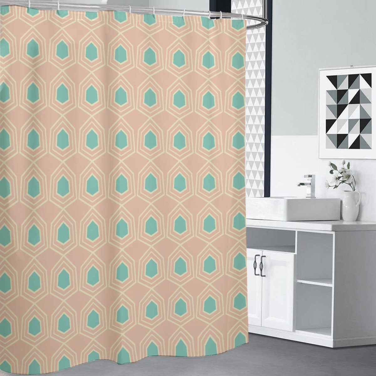 Geometric 60s Print Retro Shower Curtain for Bathroom Decor