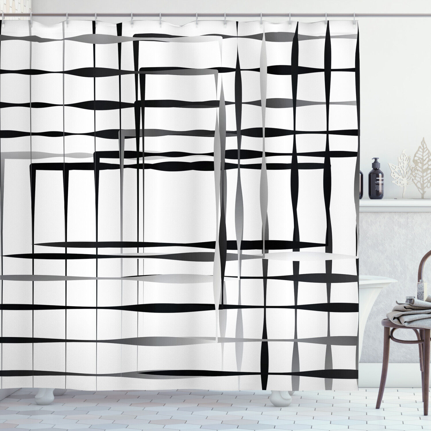 Geometric Art Shower Curtain - Black Abstract Bathroom Curtain With Modern Print