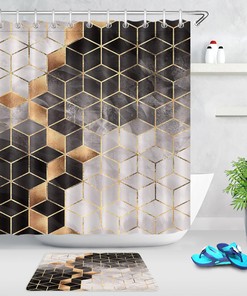 Geometric Black Gold Plaid Fabric Shower Curtain for a Chic and Sophisticated Bathroom
