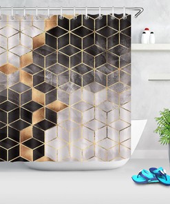 Geometric Black Gold Plaid Fabric Shower Curtain for a Chic and Sophisticated Bathroom