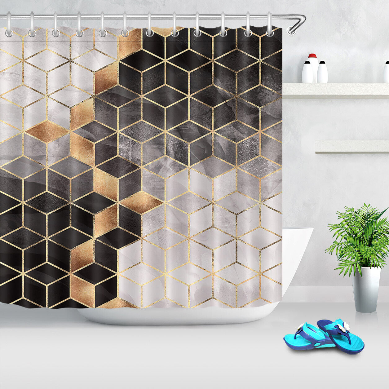 Geometric Black Gold Plaid Fabric Shower Curtain for a Chic and Sophisticated Bathroom