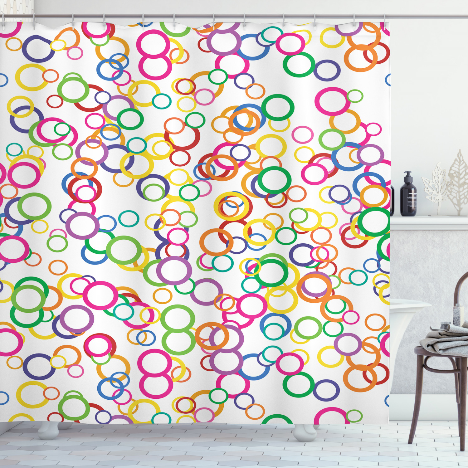 Geometric Circle Print Shower Curtain for Summer Bathroom Decor
