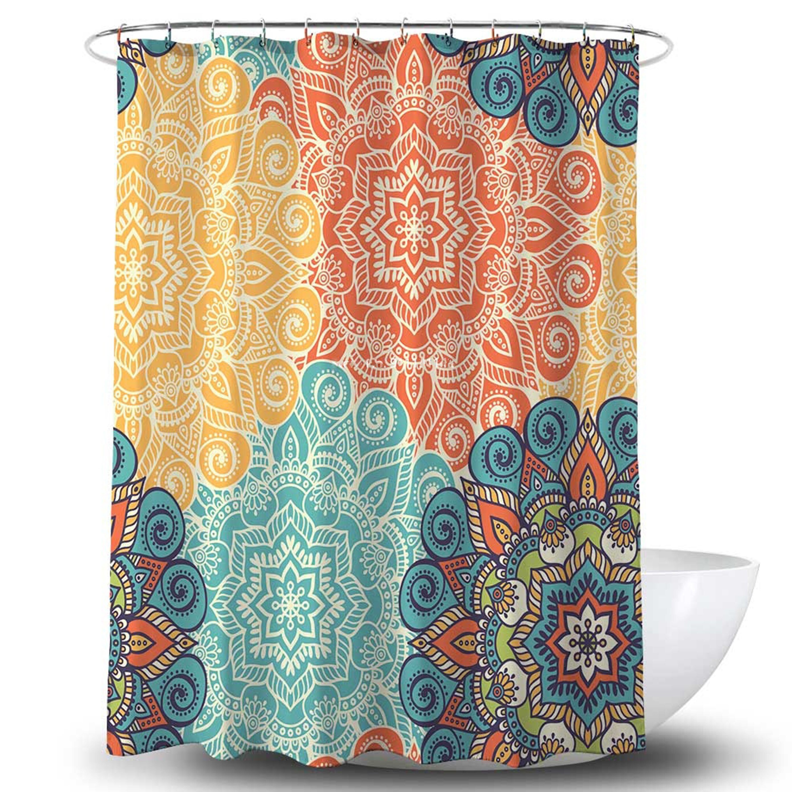 Geometric Design Fabric Shower Curtain With Colorful Floral Mandala Print, Wonderful Bathroom Accessory