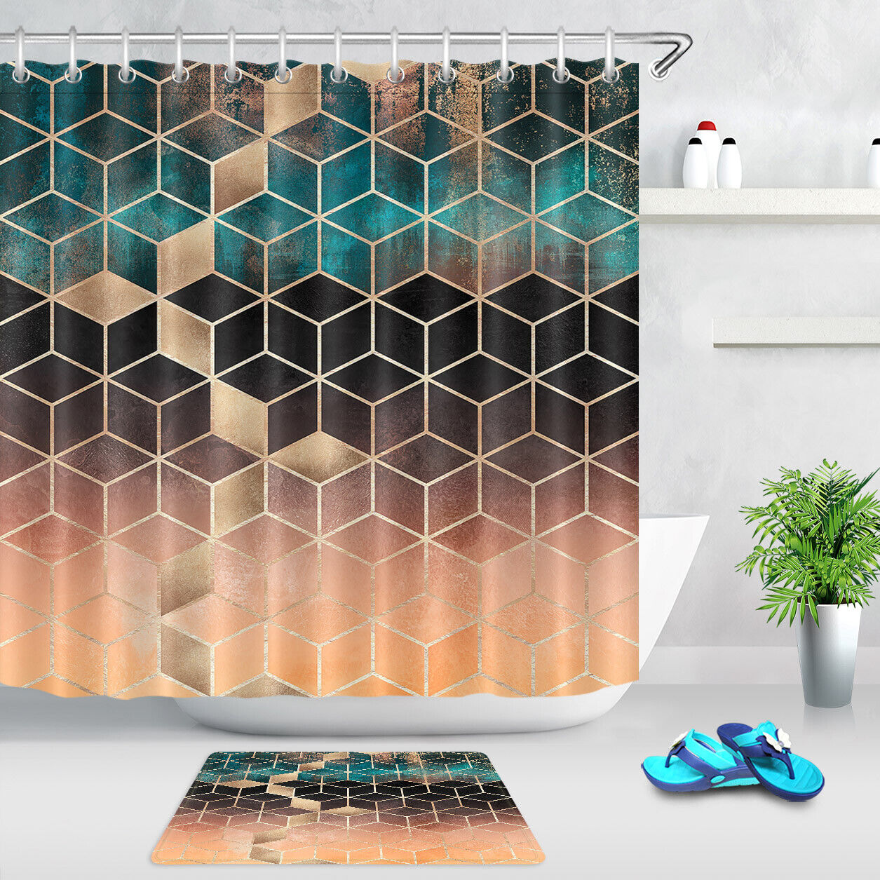 Geometric Diamond Patterns Fabric Shower Curtain With Colorful Print, Elegant Bathroom Decor Accessory