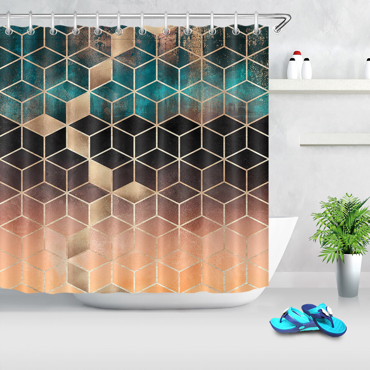 Geometric Diamond Patterns Fabric Shower Curtain With Colorful Print, Elegant Bathroom Decor Accessory - Image 2