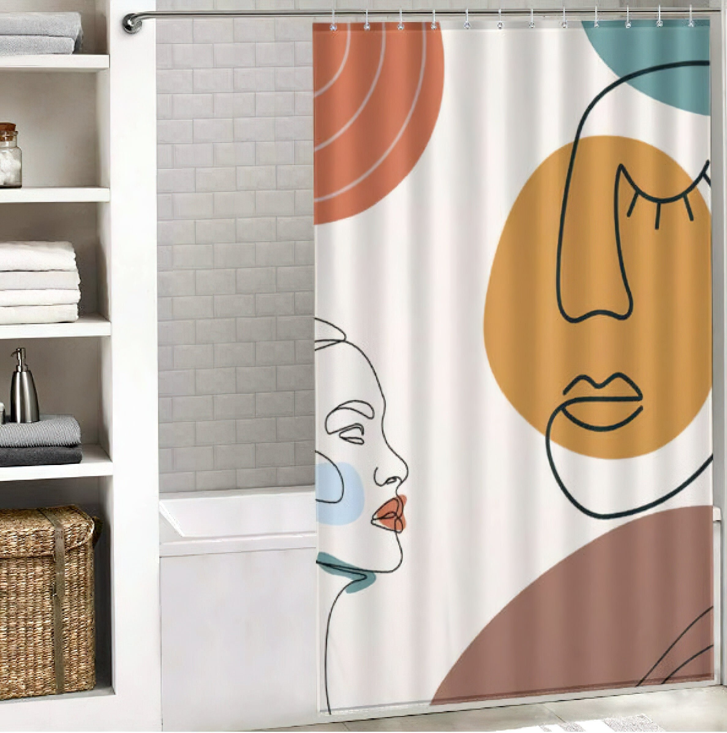 Geometric Face Line Art Print Shower Curtain For Minimalist Bathroom Decor