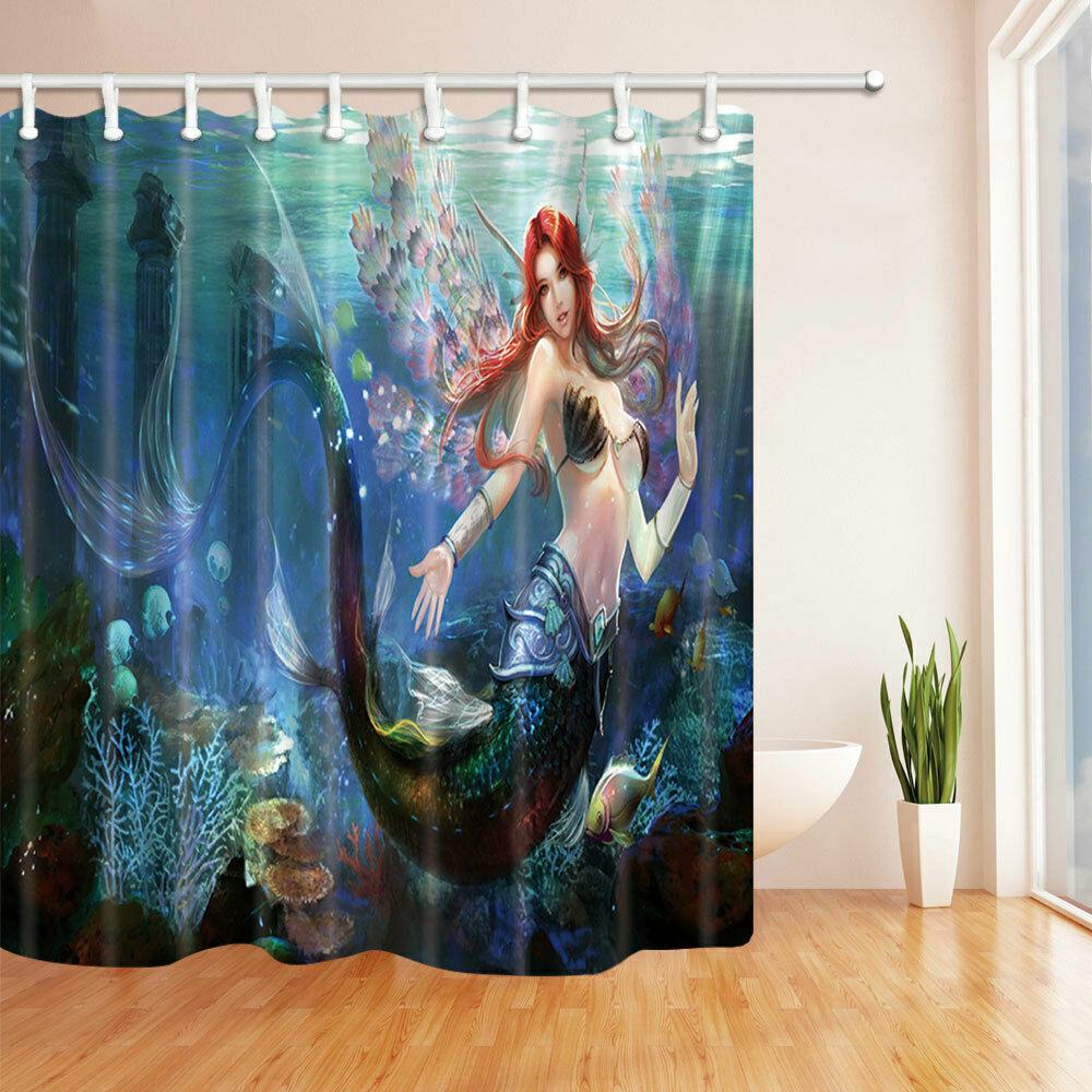 Geometric Fish Scale Mermaid Shower Curtain with Waterproof Fabric - Bathroom Decoration Set Hook and Washable