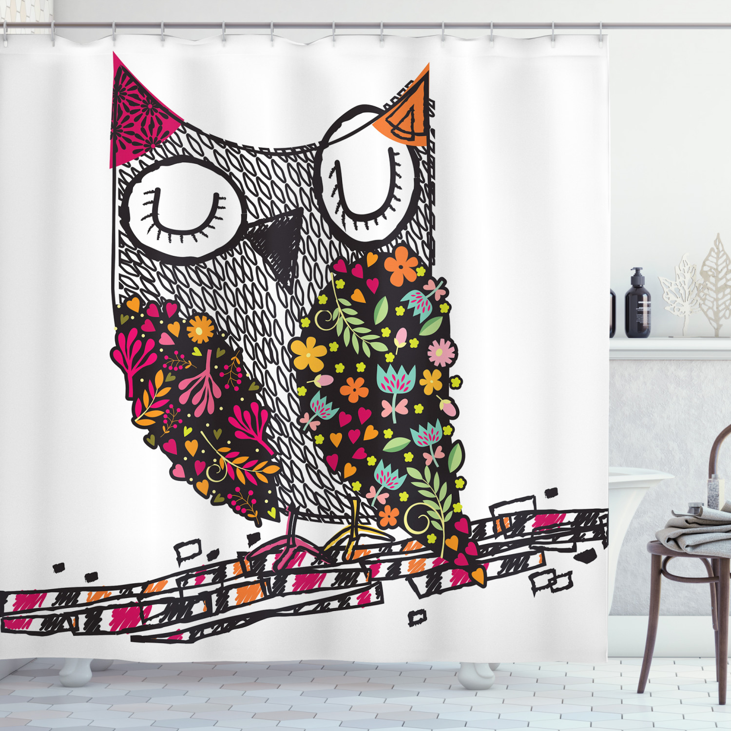 Geometric Floral Blossoms Owls Shower Curtain Print - Modern Bathroom Decor
