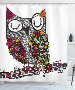 Geometric Floral Blossoms Owls Shower Curtain Print - Modern Bathroom Decor