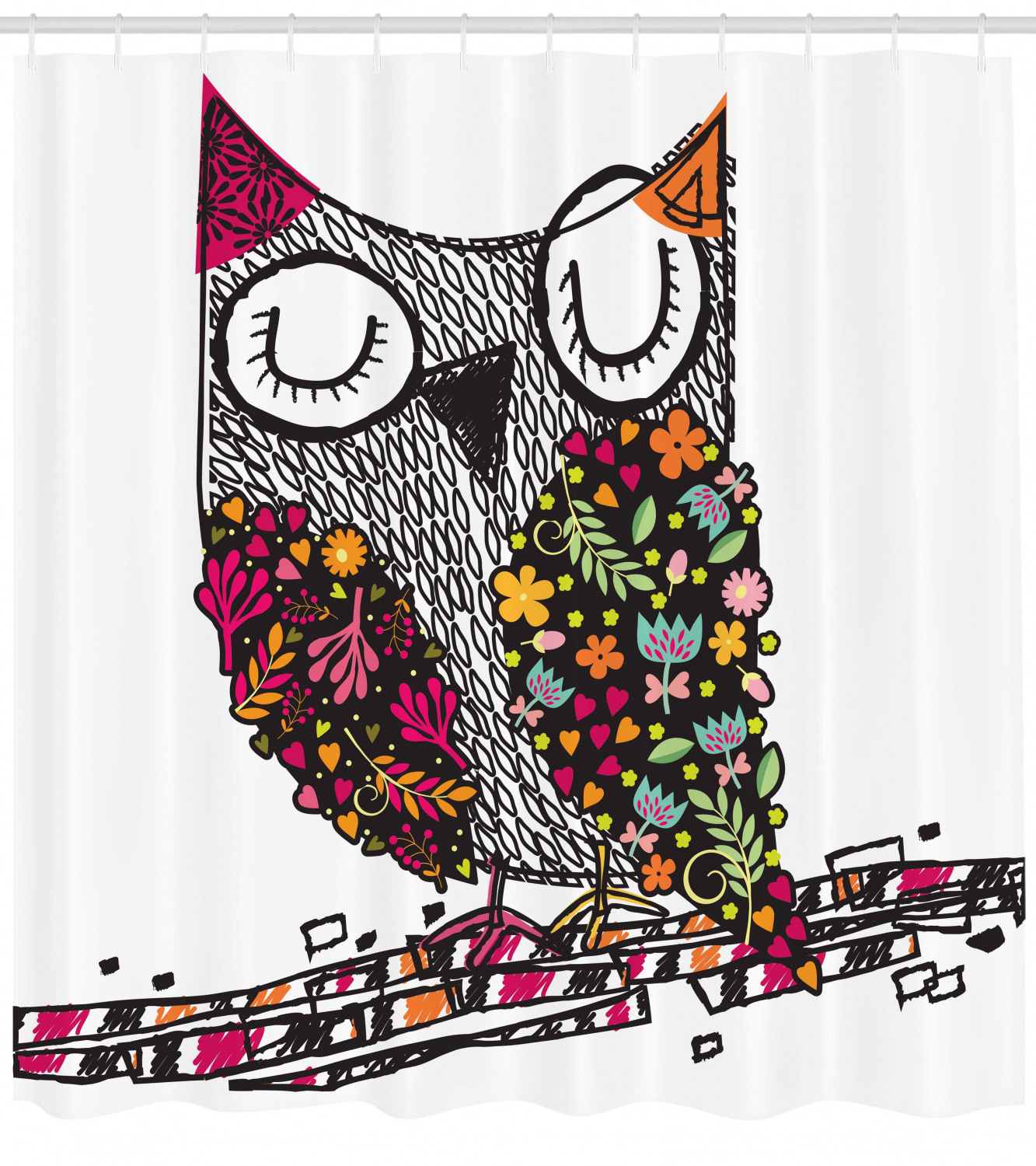 Geometric Floral Blossoms Owls Shower Curtain Print - Modern Bathroom Decor