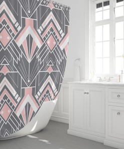 Geometric Gray and Pink Print Shower Curtain for Modern Art Deco Bathroom Decor