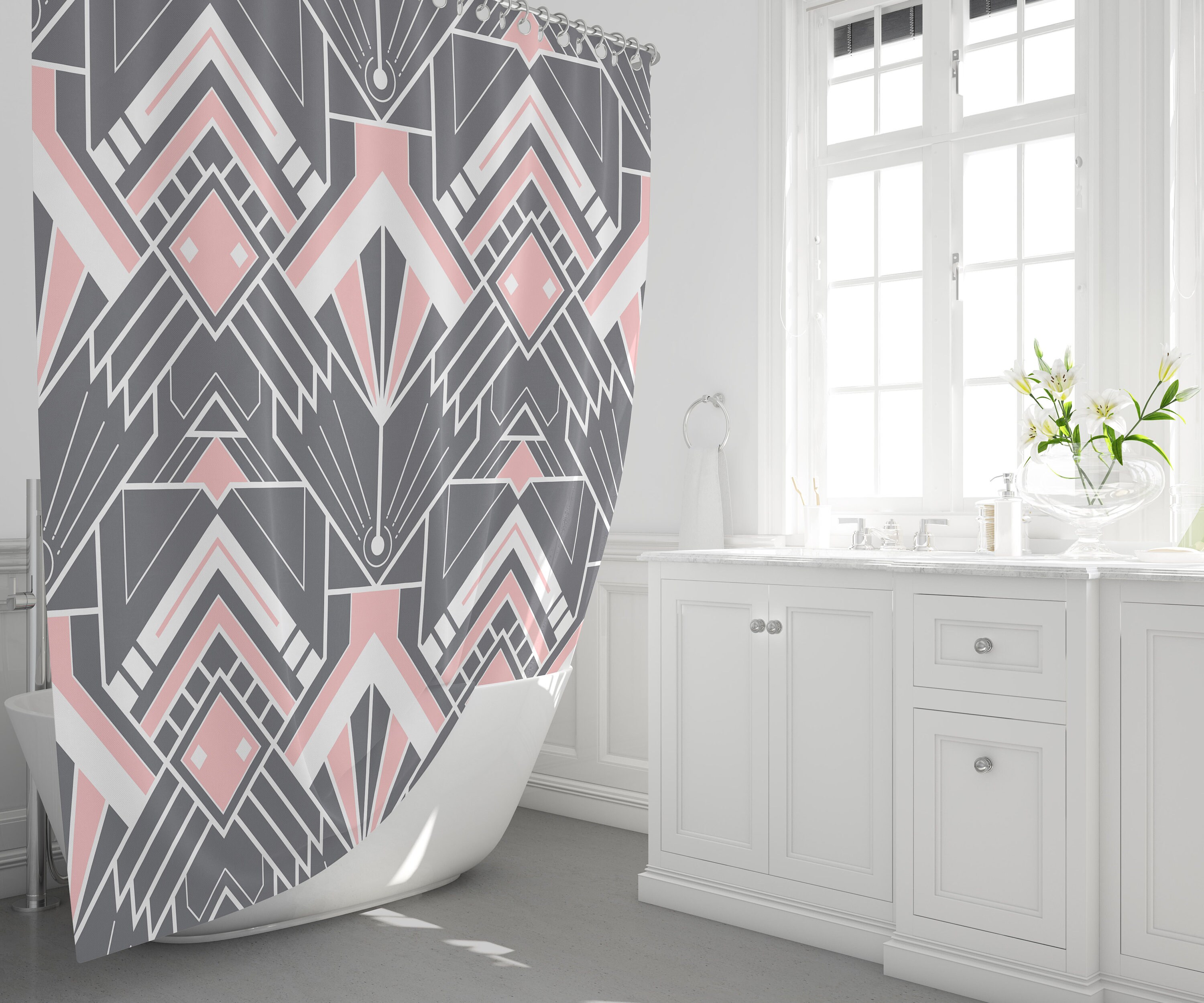 Geometric Gray and Pink Print Shower Curtain for Modern Art Deco Bathroom Decor
