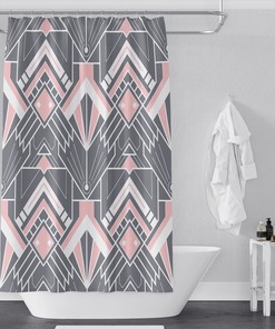 Geometric Gray and Pink Print Shower Curtain for Modern Art Deco Bathroom Decor