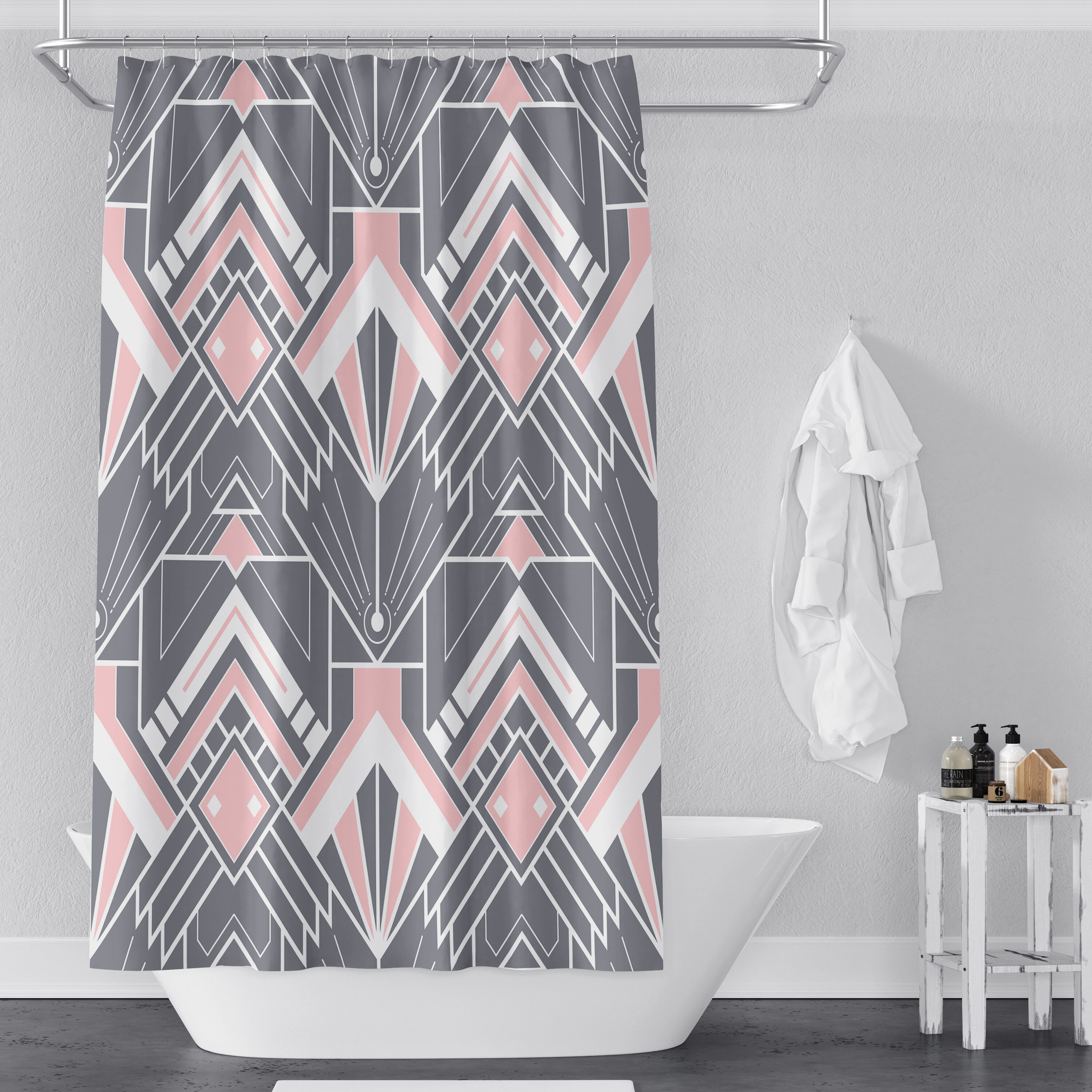 Geometric Gray and Pink Print Shower Curtain for Modern Art Deco Bathroom Decor