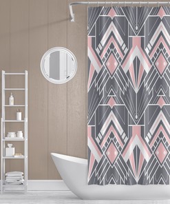 Geometric Gray and Pink Print Shower Curtain for Modern Art Deco Bathroom Decor